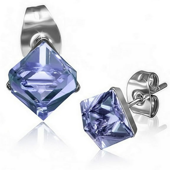 Stainless Steel Silver-Tone Square Classic Multicolor CZ Stud Earrings