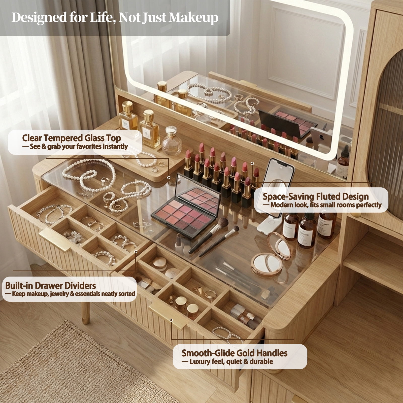 48" Fluted Vanity Desk with Lighted Mirror & Charging Station, Natural Oak Makeup Table with 5 Drawers, Motion Sensor Lights, Glass Top & Hair Dryer Holder for Bedroom