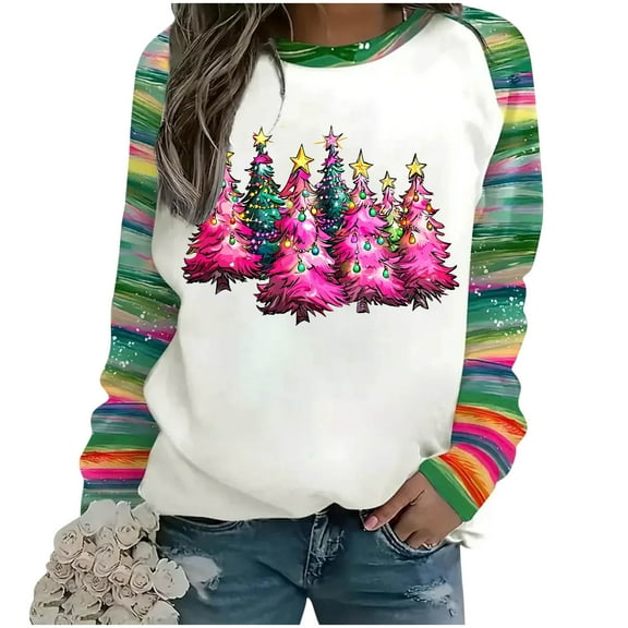 Lopecy-Sta Women's Christmas Three Trees Graphic Crew Neck Sweatshirt, Loose Drop Shoulder Healthy Cloth Top, Festive Holiday Pullover Pink XL