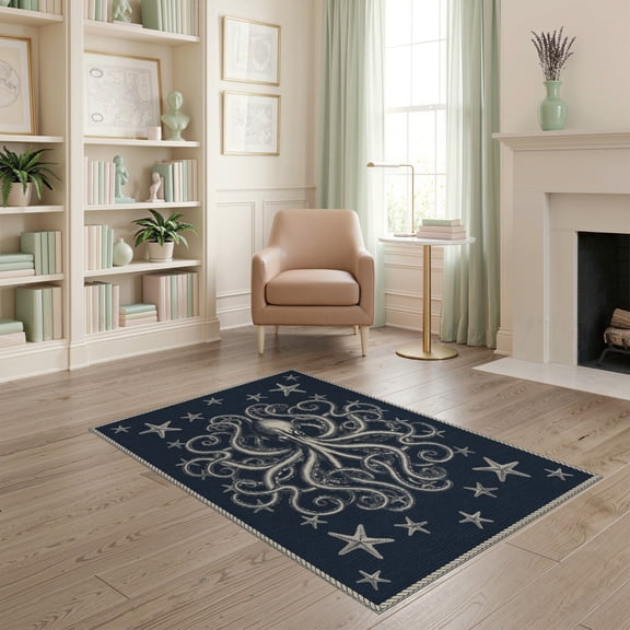 ODIKA Octopus Animals Nautical Tentacle Vintage Creature Motif Navy Flowing Dynamic Stain Resistant Low Profile for Dorm Room, Small Living Apartment