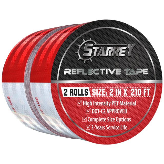 STARREY Cinta reflectante para exteriores, rojo, blanco, 2 pulgadas x 210 pies, impermeable, autoadhesiva, DOT-C2, reflector de precaución de seguridad, cinta de puntos de visibilidad para automóviles
