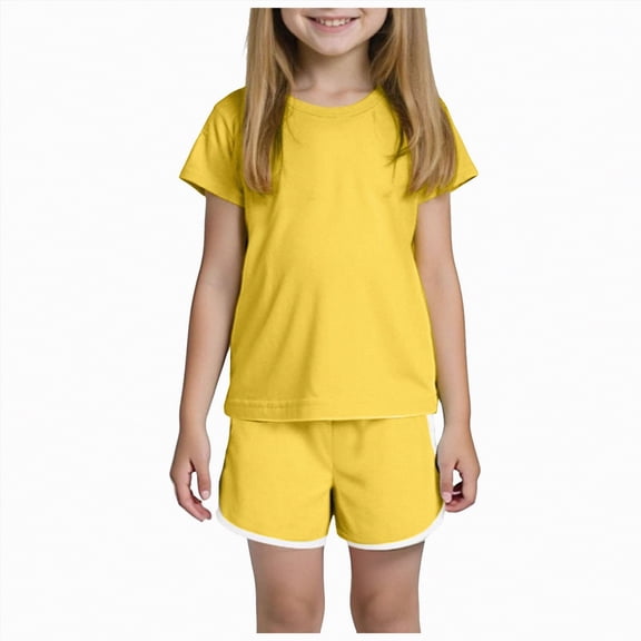 Hessimy Girls Summer Outfits 2Pcs Kids Clothes Girls Tops T-Shirts and Casual Short Sets,Kid Short Set(Yellow,3-4 Years)