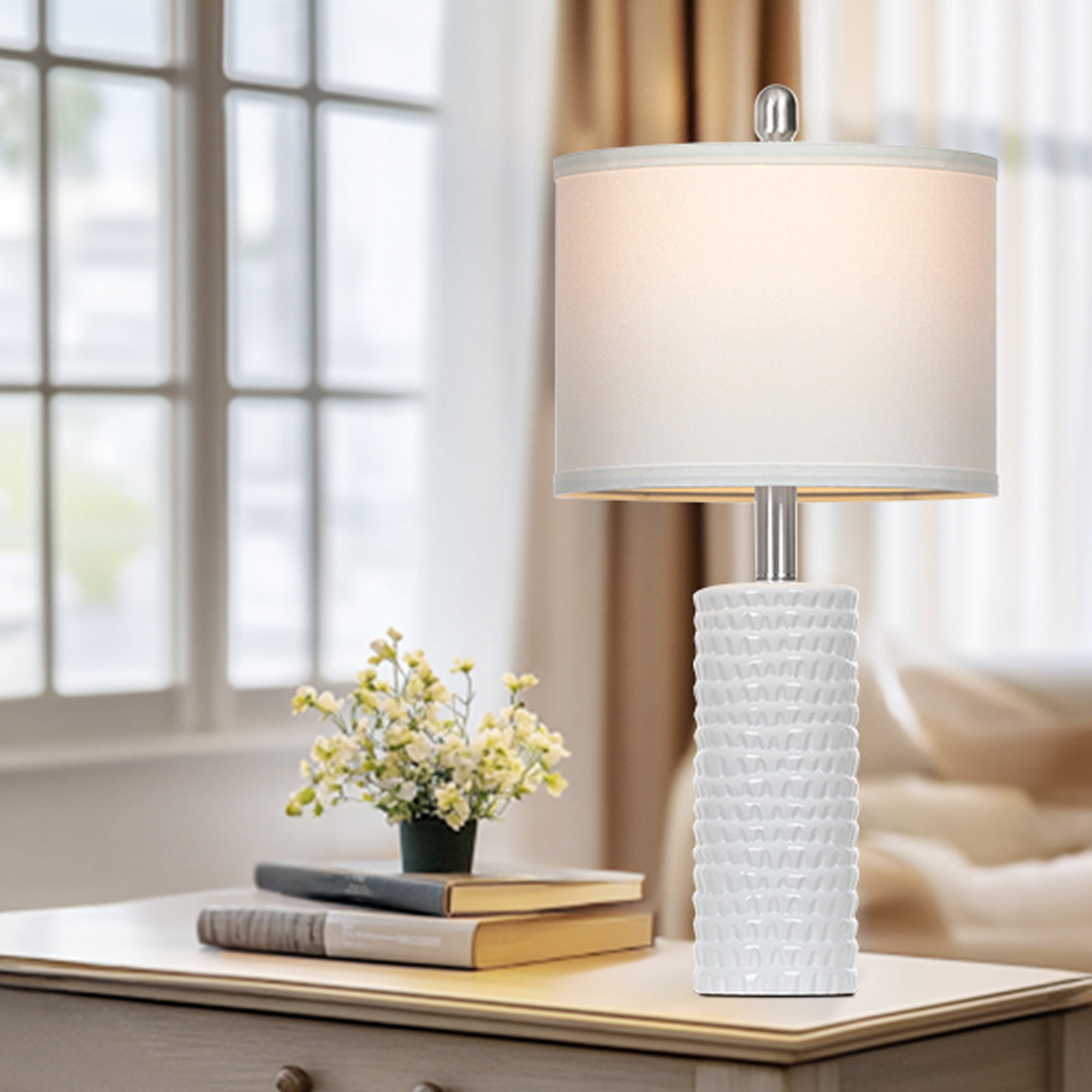 Cinkeda Ceramic Table Lamps Set of 2 for Living Room Bedroom 24" Modern Farmhouse Bedside Nightstand Lamp with White Shade