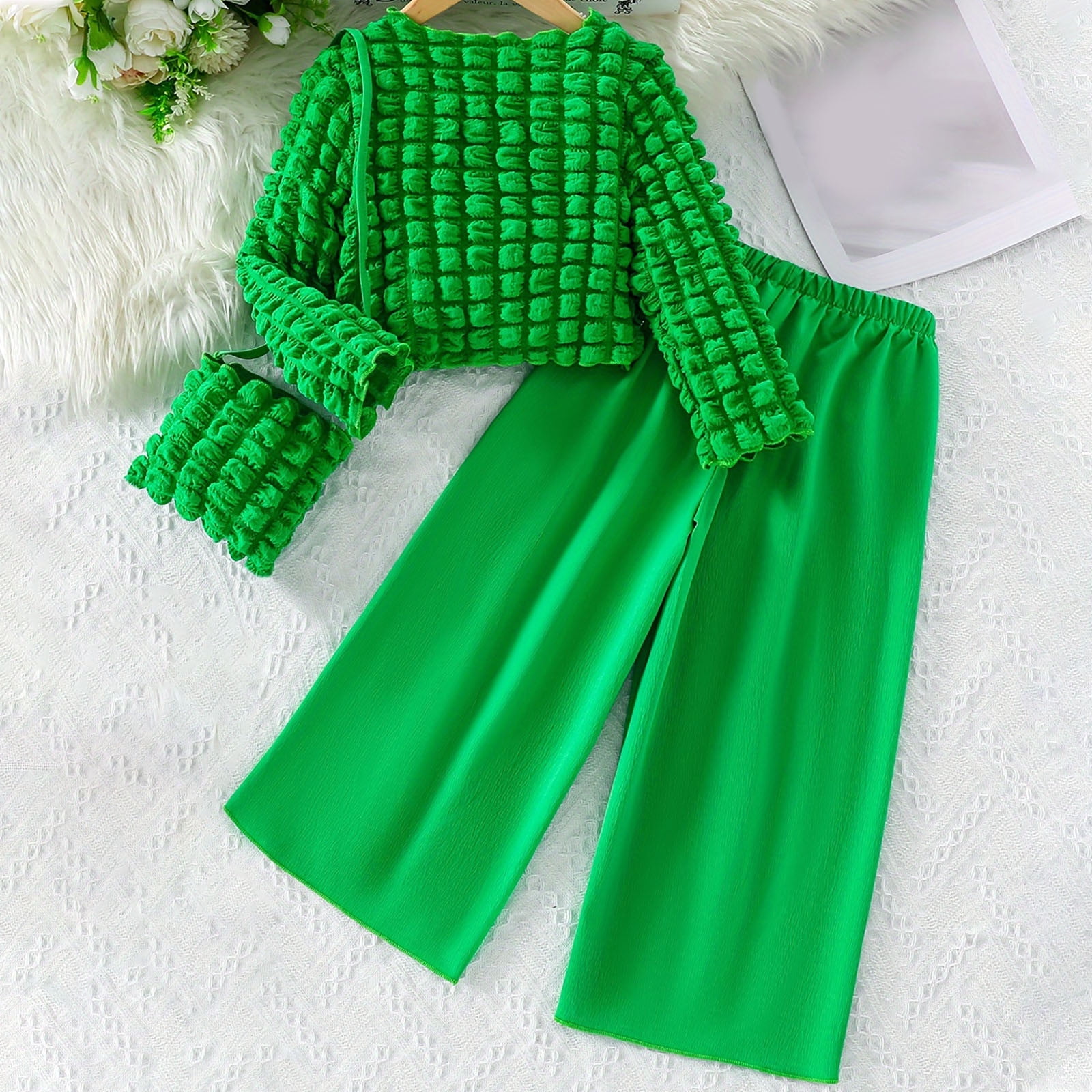 ATOGUTA Toddler Baby Girl Spring Clothes Size 3T-10 Long Sleeve Shirts with Wide Leg Pants 3 Piece Outfits Green