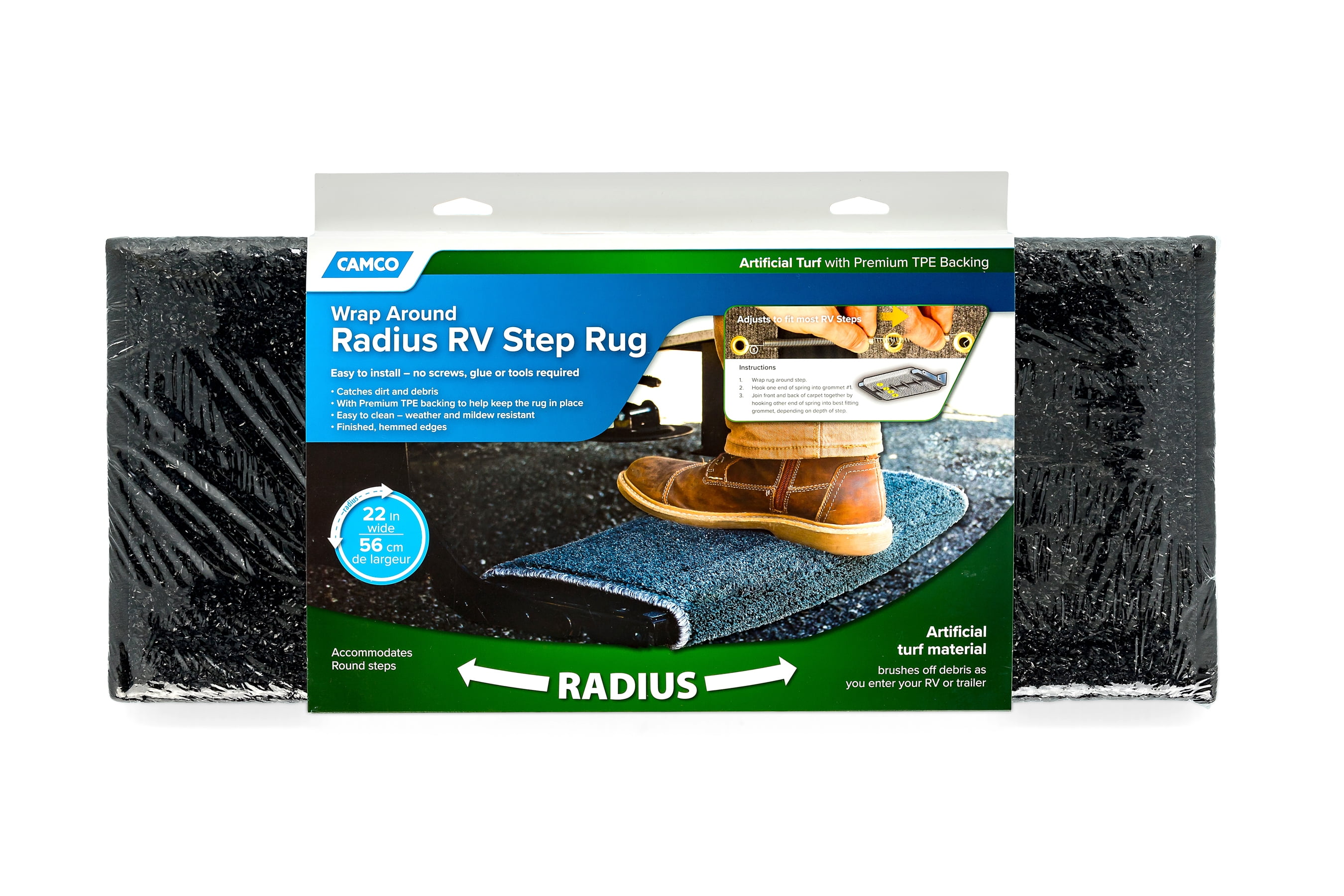 Camco RV Wrap Around Turf Rug | Weather and Mildew Resistant| Easy Install | Artificial Turf, Black (42947)