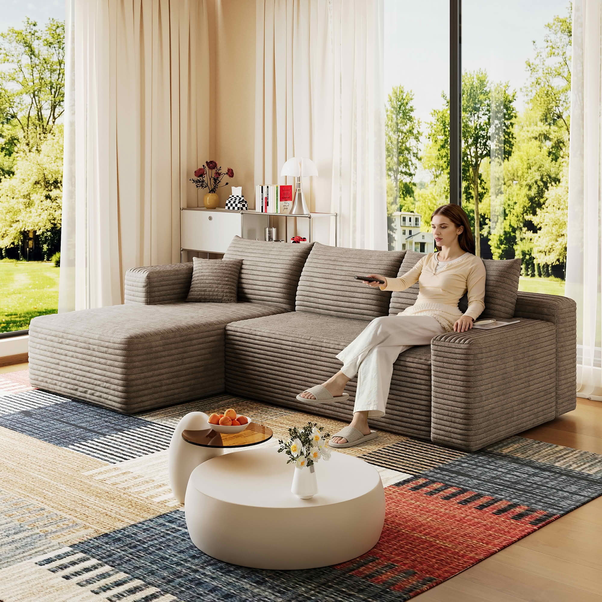 MAYEERTY 95" Corduroy L-Shaped Sectional Sofa, Modern Minimalist Deep Seat Corner Couch with Chaise, No Assembly Leisure Sofa for Home