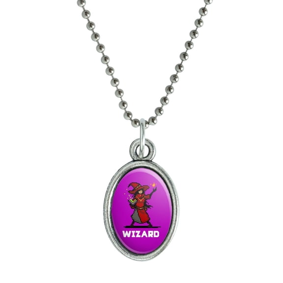 8-Bit Pixel Retro Wizard Mage Caster Games RPG  Antiqued Oval Charm Pendant with Chain