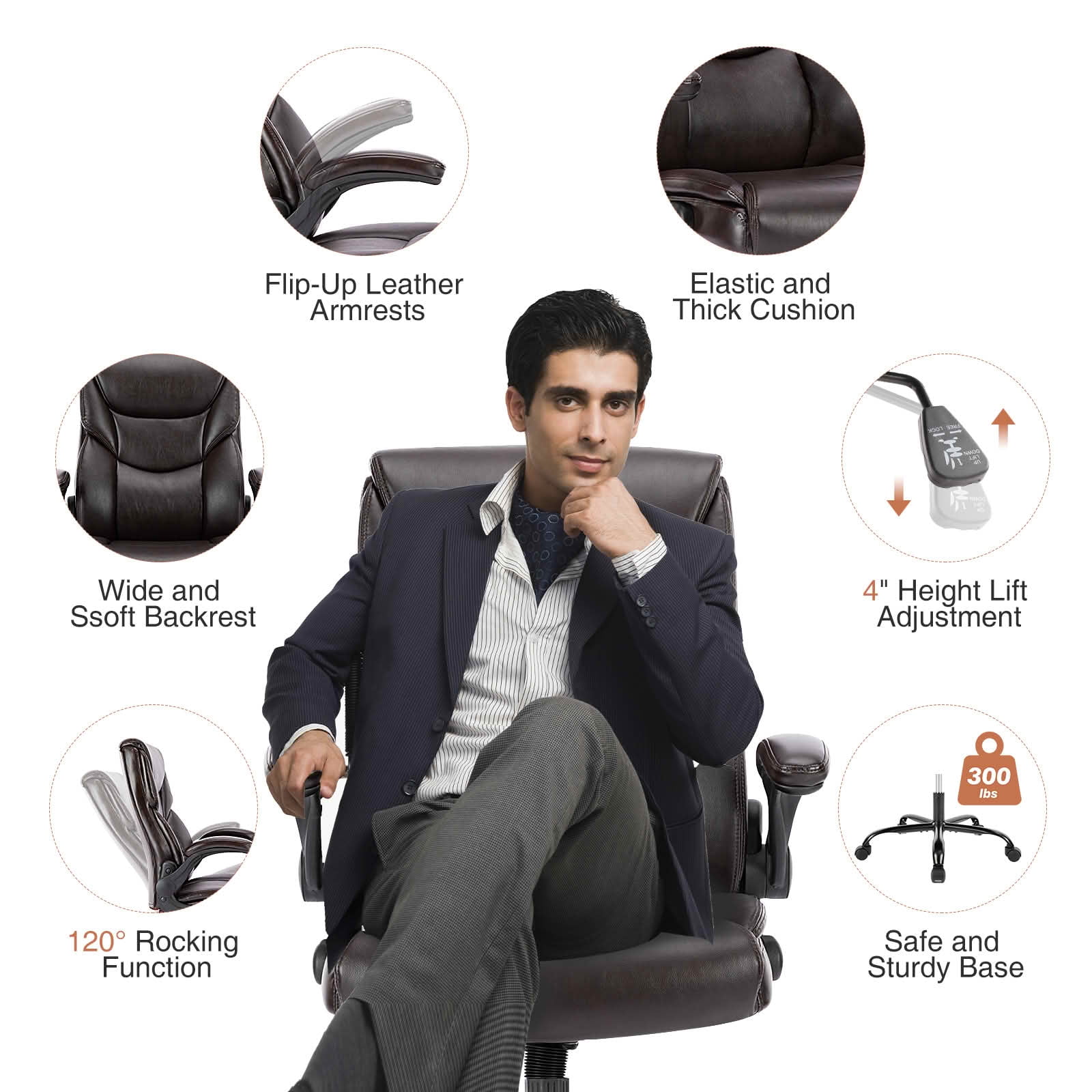 MAYEERTY PU Leather Executive Office Chair with Flip-up Adjustable Armrests, Lumbar Support, Heavy Duty Metal Base Computer Desk Chair