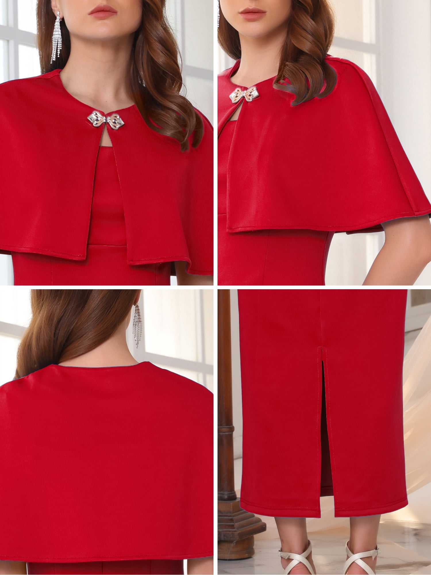 DARING DIVA Women's Cocktail Wedding Guest Dress with Cape M Red