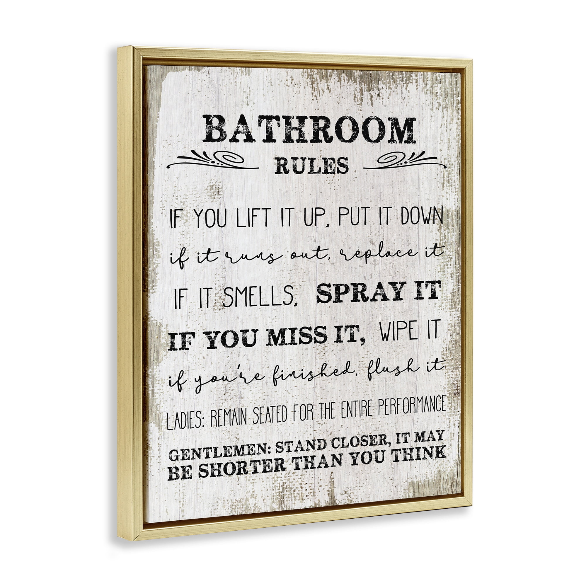 Stupell Industries Bathroom Rules Funny Word Wood Textured Design Metallic Gold Framed Floating Canvas Wall Art, 16x20, by Daphne Polselli