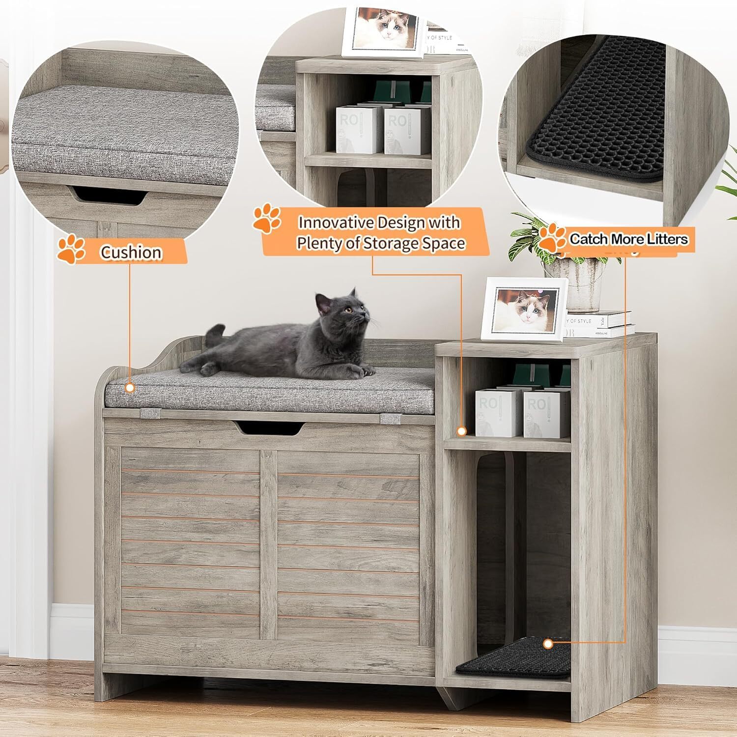 FOLDLIFE Cat Litter Box Enclosure with Top Opening and Cushion, Hidden Cat Litter Box Furniture, Cat Litter Box Cabinet, Cat House, Privacy Wooden Pet Cat Toilet for Kitten,Grey