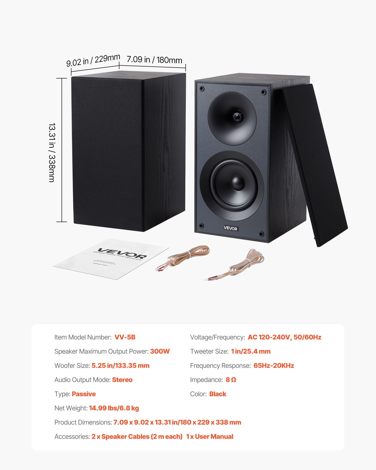 VEVOR Passive Bookshelf Speaker, 300W, Book Shelf Stereo Speakers with 5.25-Inch Woofer and 1-Inch Tweeter, Detachable Grille,65Hz-20KHz Frequency Response,Wooden Enclosure,for Home Theater (1 Pair)