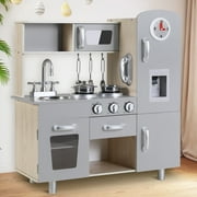 Arlopu Kids Kitchen Playset, Wooden Pretend Play Kitchen Children Cooking Playset with Realistic Sounds & Lights