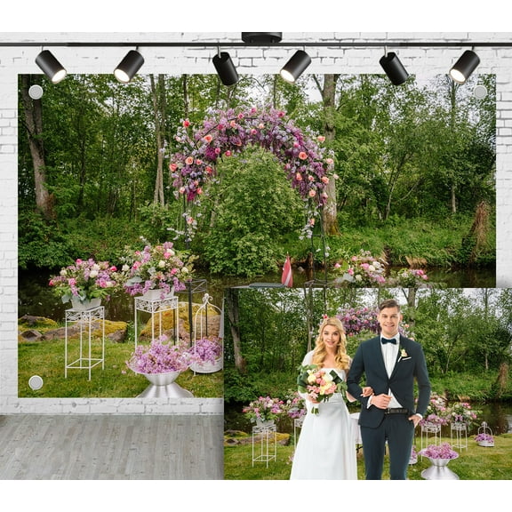 7x5ft Wedding Photoshoot Backdrop Forest Purple Floral Flowers Arch Bride Groom Ceremony Party Backdrop Engagement Proposal Background Banner Decoration Photo Prop
