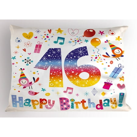 Multi Color Star Design - 16th Birthday Pillow Sham Cute Sweet Teenage Celebration Motif Hearts Balloon Bird Box Stars Design, Decorative Standard Size Printed Pillowcase, 26 X 20 Inches, Multicolor, by Ambesonne