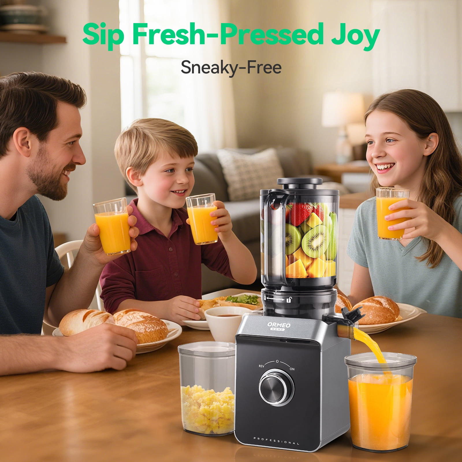 Ormeo Hom Cold Press Slow Juicer with 5.0"Large Feed Chute, Masticating Juicer with Pulp Seperation, 99.6% Juice Purity, Quiet Motor, Easy to Clean, BPA Free