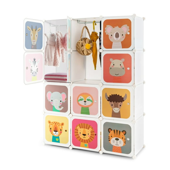 Costway 12-Cube Kids Wardrobe Baby Dresser Bedroom Armoire Clothes Hanging Closet with Door