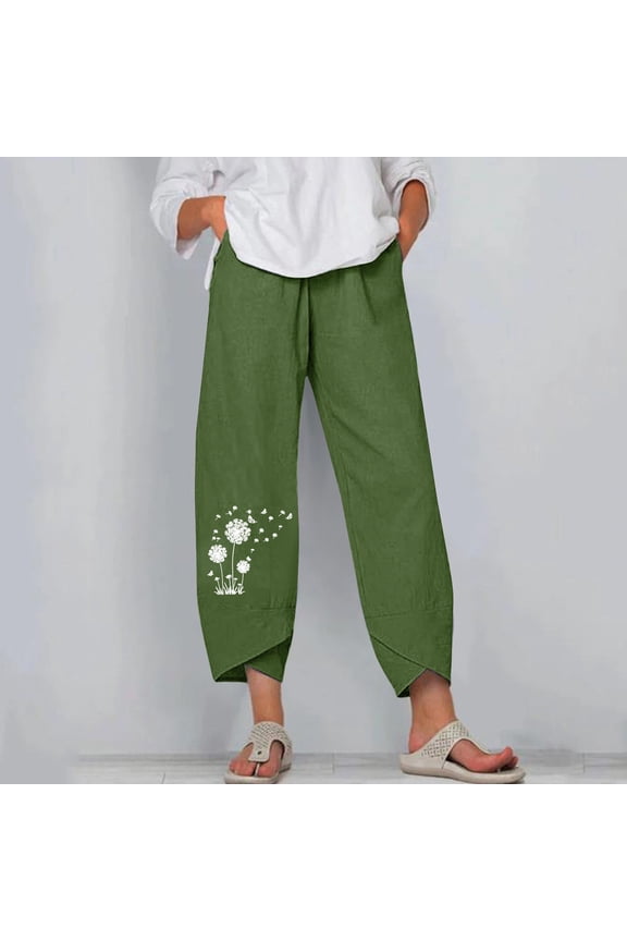 Women's Fashion High Waist Straight Tube Petal Trouser Hem Print Cotton Hemp Versatile Casual Pants for Going Out Travel