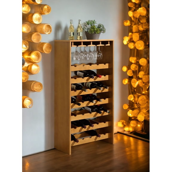 Freestanding Wine Rack with Glass Holder, 7-Tier Wine Storage Cabinet for 35 Bottles, Oak Finish