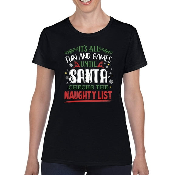 Santa Checks The Naughty List T-Shirt Women -Smartprints Designs, Female XX-Large