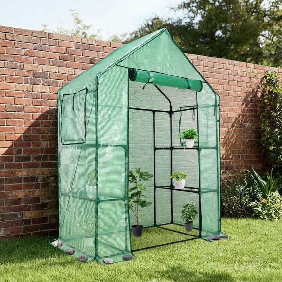Aoodor Walk-in Greenhouse with 4 Shelves, 4.7×2.5×6.4 ft Outdoor Garden Plant House with PE Cover for Growing Vegetables, Flowers, Herbs