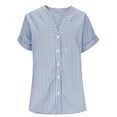 thumbnail image 5 of AKOEE Striped Button Up Shirts Women V Neck Plus Size Beach Summer Casual Short Sleeve Blouses Loose Fit, Blue 4XL, 5 of 7