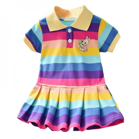 

Promotion!Summer Baby Girls Cute Bunny Decoration Dress New Little Girl Rainbow Short Sleeve Princess Dress
