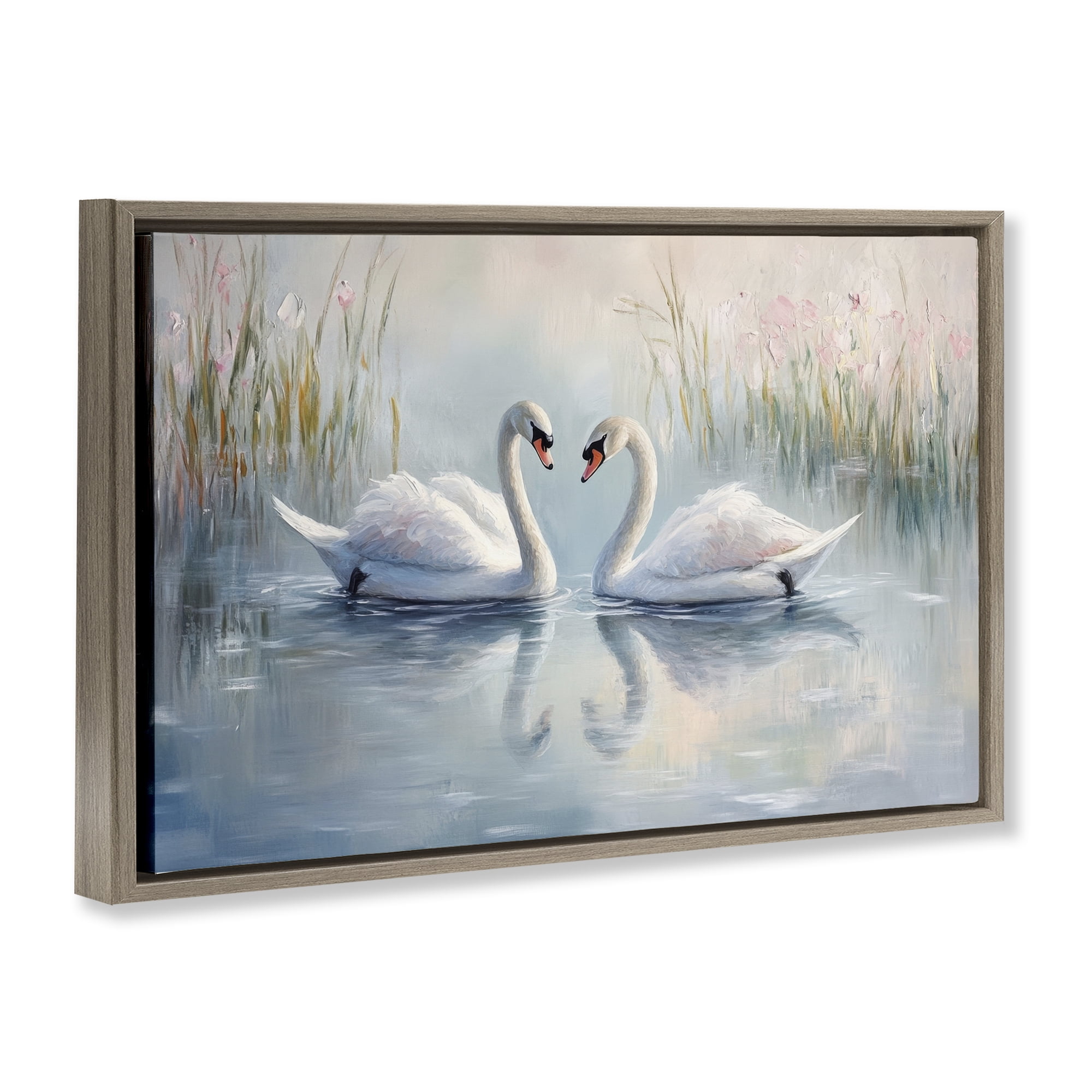 Stupell Industries Simple Swan Reflections Brown Framed Floater Canvas Wall Art, design by Petal Prints Design