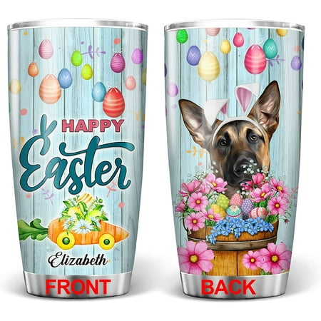 

Personalized Happy Easter Dog Tumbler Belgian Malinois Rabbit Ear Stainless Steel Tumbler 20oz Colorful Easter Egg Carrot Daisy Flower Spring Holiday Gifts Dog Lover Housewarming Gift