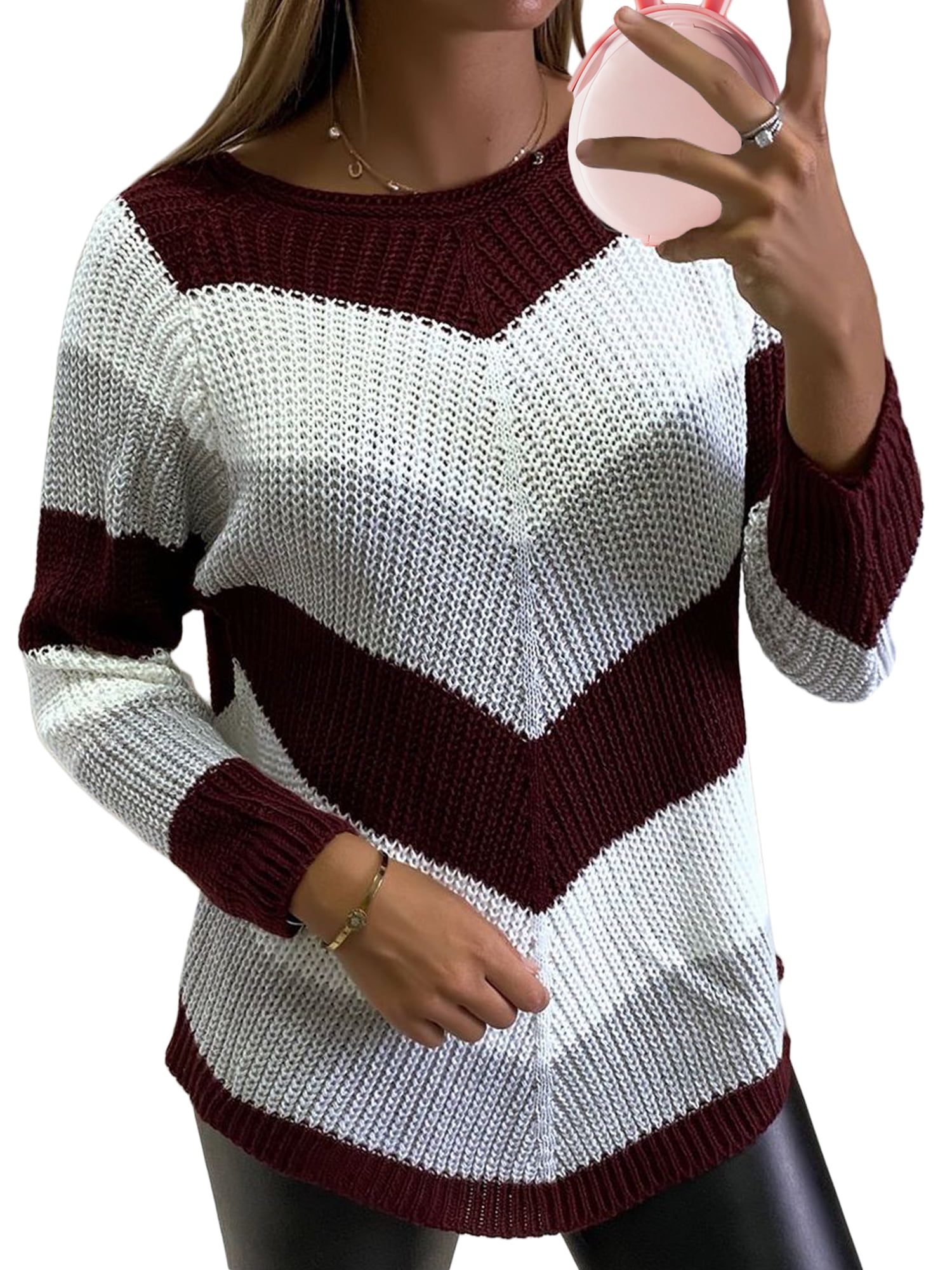 Womens Knitted Striped Scoop Neck Long Sleeves Pullover Jumper Ladies Sweater 