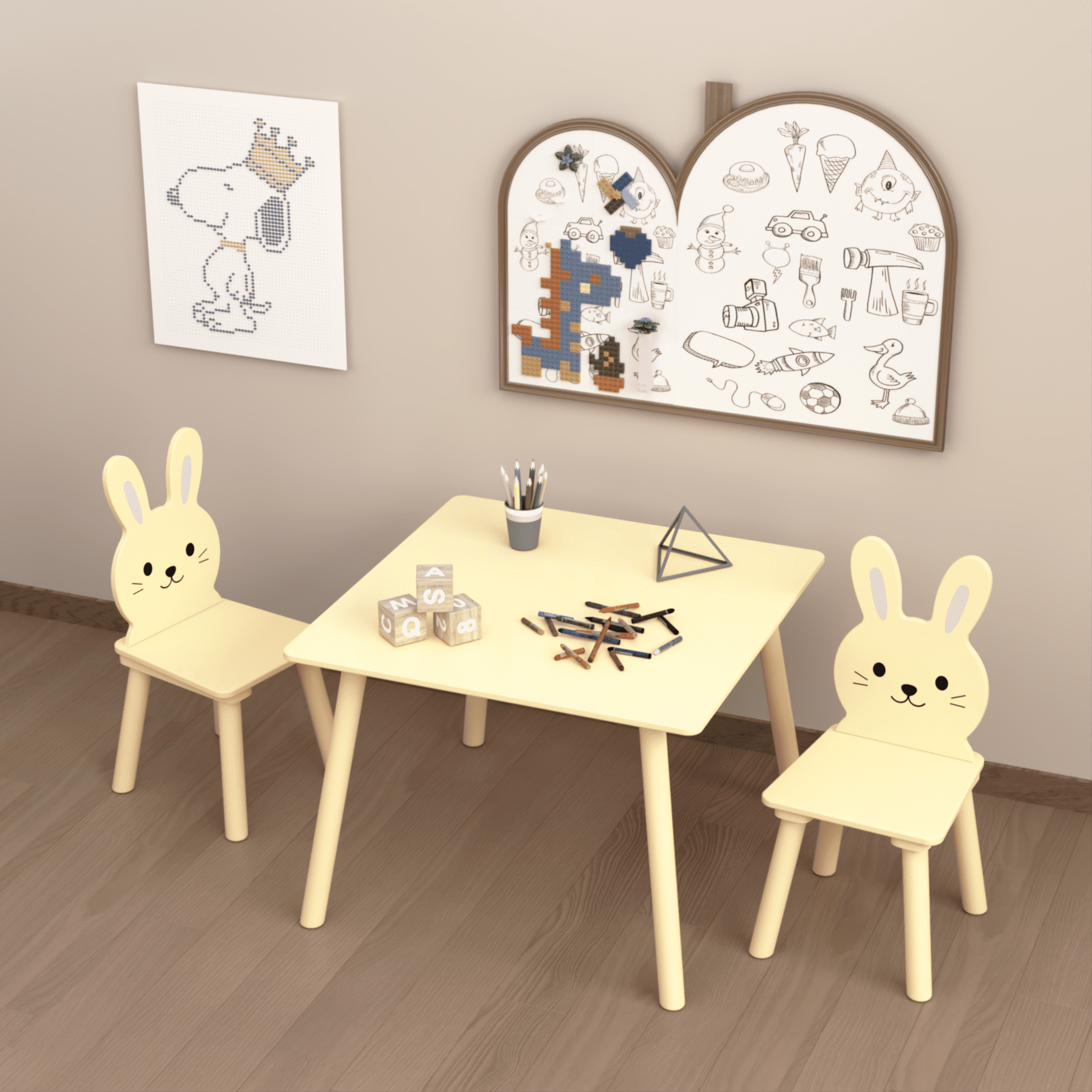 Bunny-Themed Kids Table and 2 Chairs Set Toddler Activity Furniture Playroom Bedroom Study