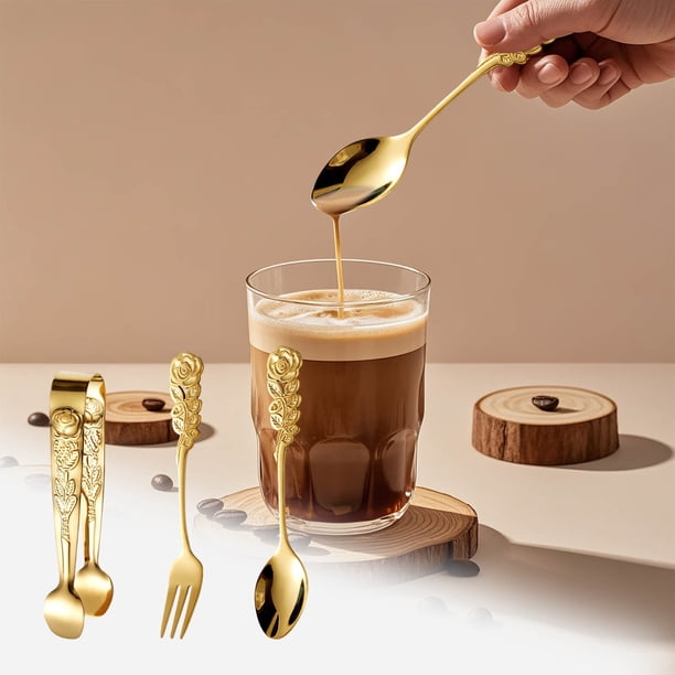 Juego de Cucharas y Tenedores de Acero Inoxidable con Forma de Rosa para Hielo, con Diseño Vintage, para Café, Postre y Café.