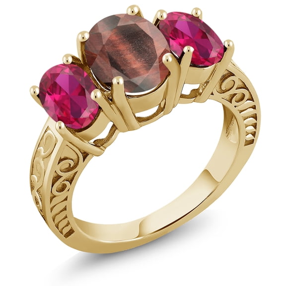 Gem Stone King 3.20 Ct Oval Red Tiger Eye Red Created Ruby 18K Yellow Gold Plated Silver Ring (Size 9)