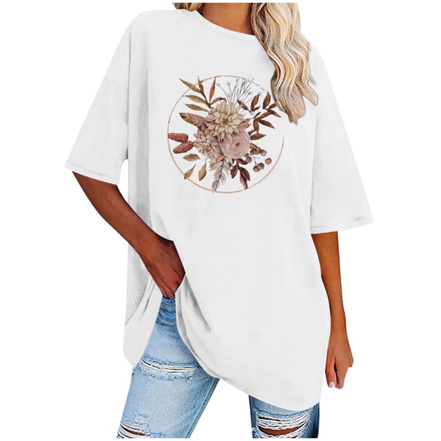 T-Shirt Décontracté à Col Rond Imprimé pour Femmes, Manches Courtes Amples