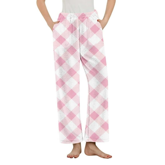 ShomPort Wide Leg Sleepwear for Womens Plaid Pattern Elastic Waisted Flannel Pajama Pants Fall Winter Nightwear with Pockets