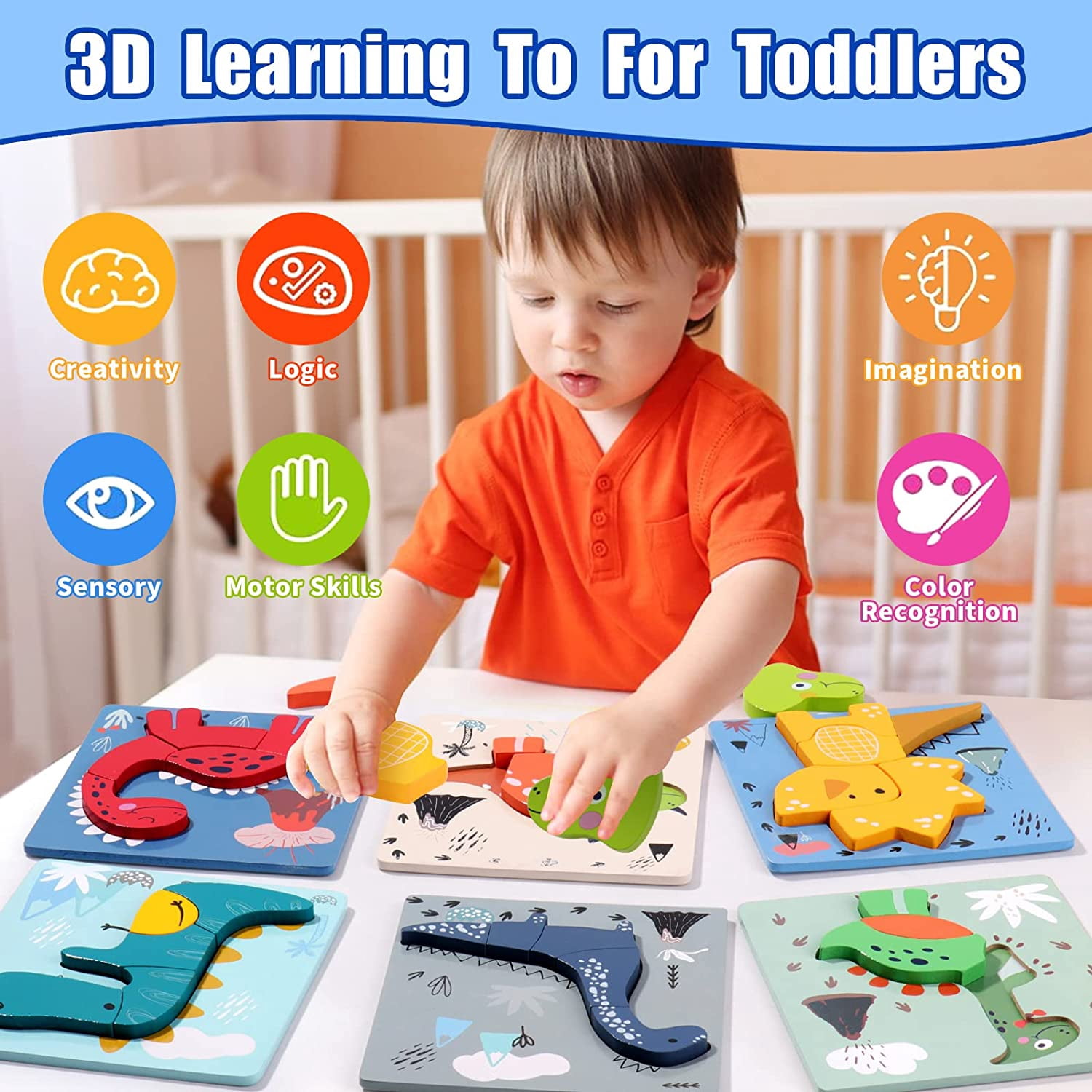 Boxgear Wooden Animal Puzzle – 6-Pcs Set Wooden Jigsaw Puzzles with Animals – Educational Baby Wooden Toys for Toddler Boys and Girls – Colorful Dinosaur Shape Puzzle for Kids
