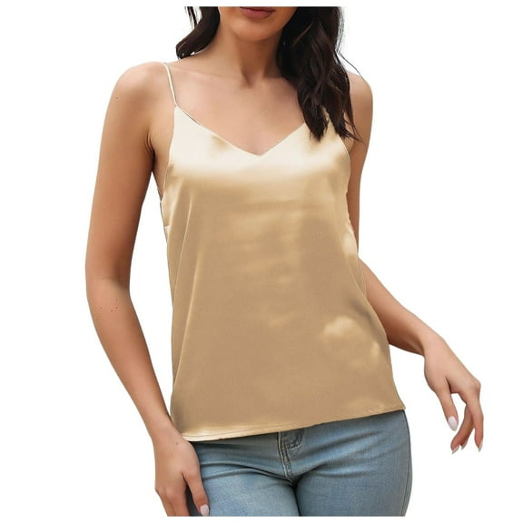 Youmylove Summer Tops For Women Silk Satin Tank Tops 2025 V Neck Adjustable Spaghetti Strap Sleeveless Camisole Summer Basic Blouse Comfy Basic Shirts