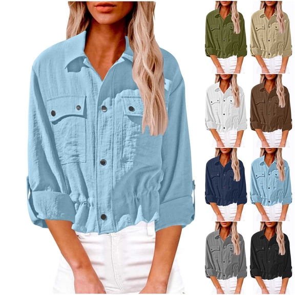 TKLPEHG Women Fall Clothes Long Sleeve Tops Women Casual Button Lapel Collar Rolled Sleeve Blouses Elastic Waist Work Tops With Pockets (Army Green,L)