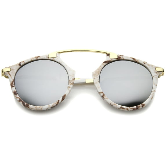 sunglassLA Unisex High Fashion Arched Marble Color Frame Color Mirror Pantos Aviator Sunglasses (White-Gold / Silver Mirror) - 48mm