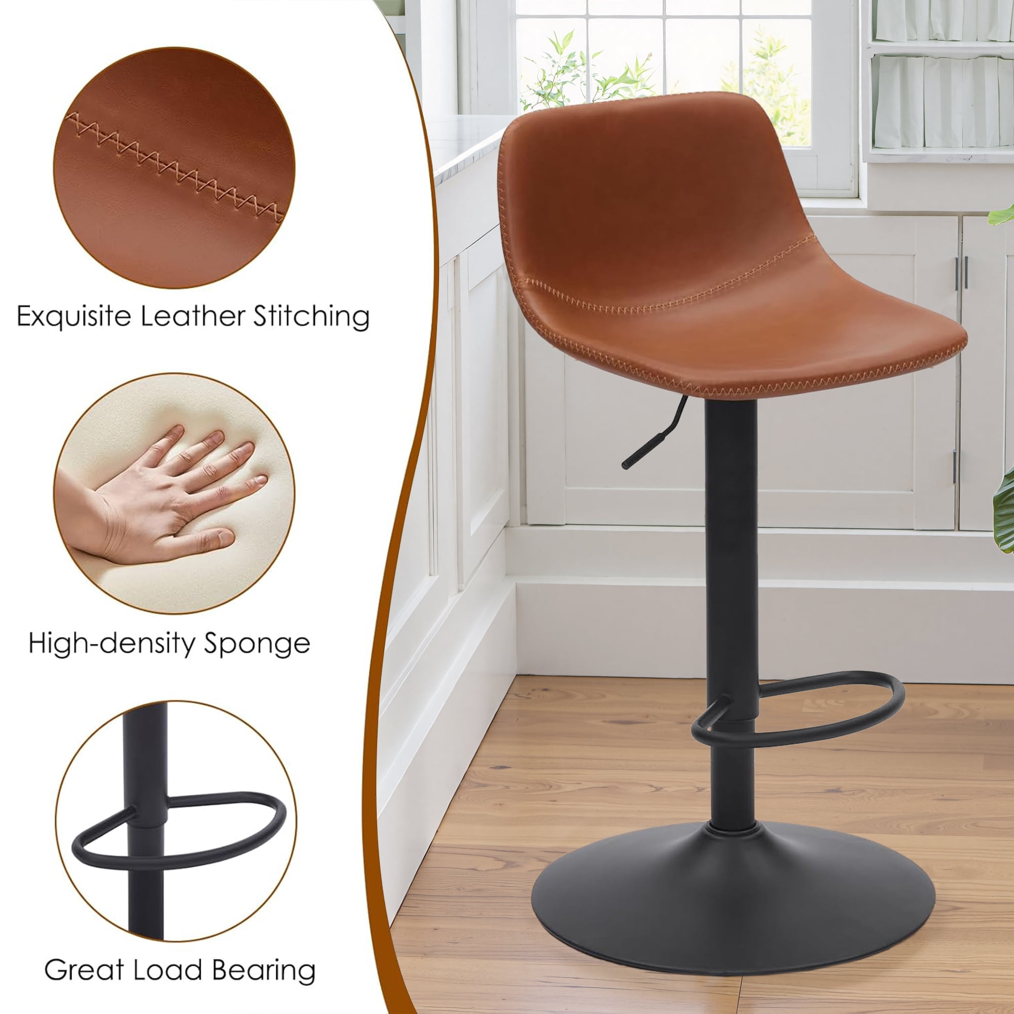 MAYEERTY 2-Set Whiskey Brown Modern Swivel Bar Stools with Back Support for Kitchen Island, Adjustable Height