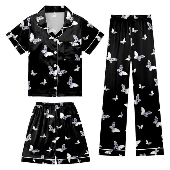 Girls Pajamas 3 Piece Set Button-Down Pjs Short Sleeve Top Shorts & Long Pants Cute Patterns Valentine's Day Pajama Sets Nightwear Loungewear for 4t-15years Sleepwear for Ages 5-14
