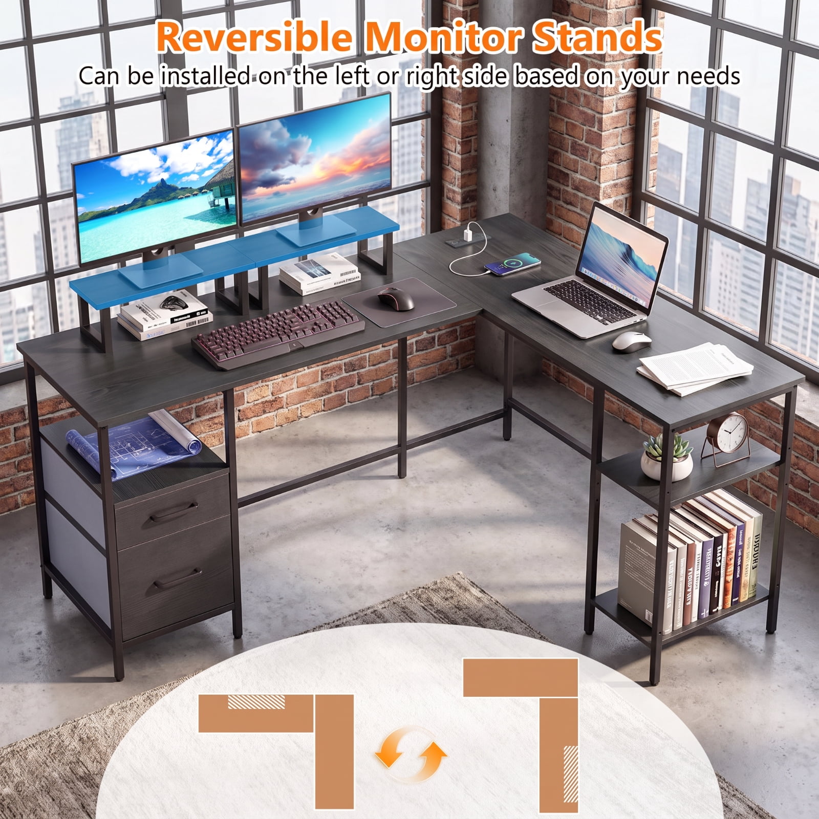 Furnibear L Shaped Desk with Power Outlet, Reversible Corner Computer Desk with Monitor Stands and 2 Drawers for Home Office Gaming, Rustic Brown