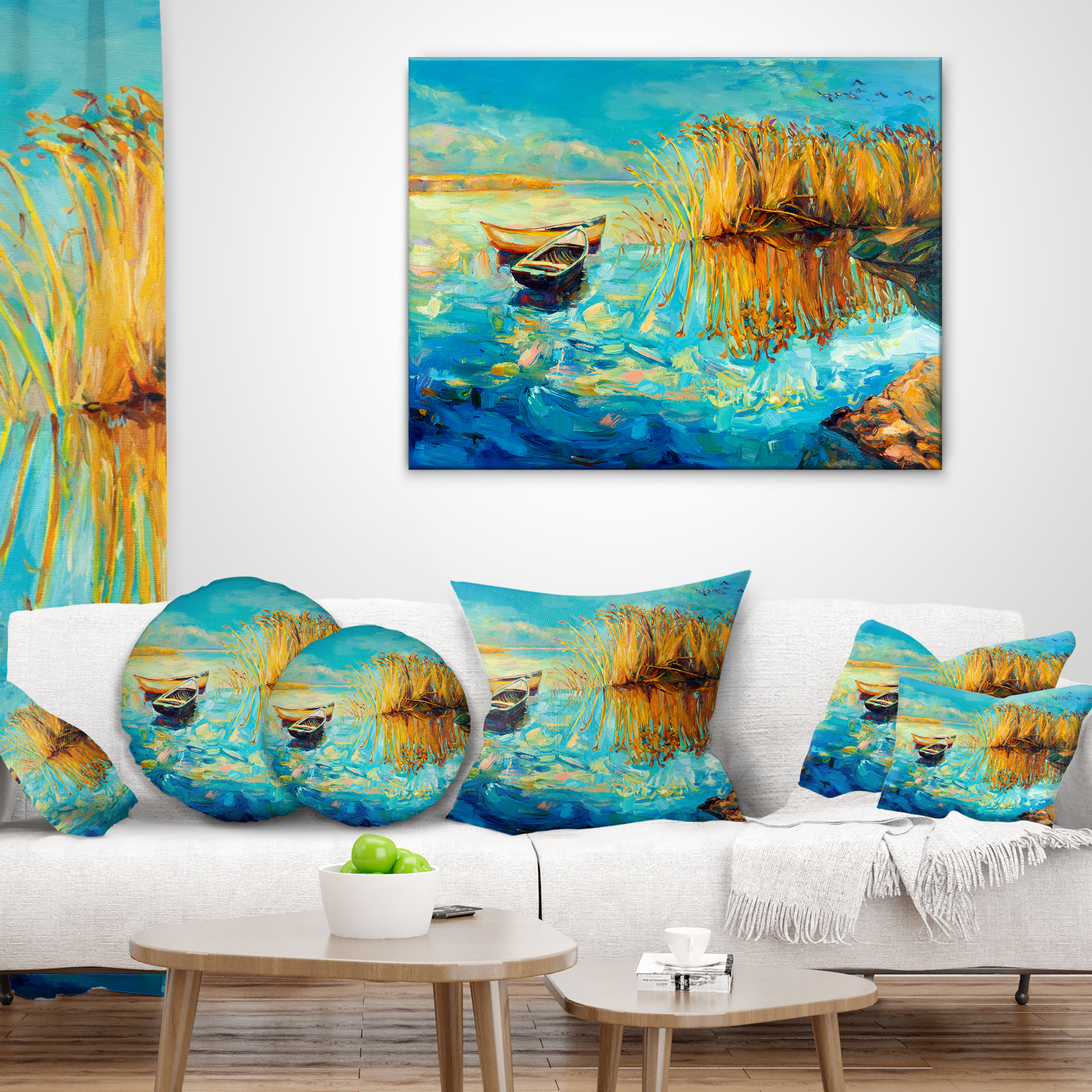 Designart Colorful Lake with Boats - Seascape Throw Pillow - 16x16