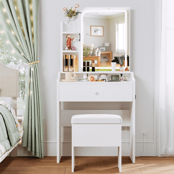Taoset Premium Vanity Set with Dimmable LED Mirror and Cushioned Stool, Luxury Makeup Dressing Table with Storage Shelves, Chair and Large Drawer for Bedroom, White