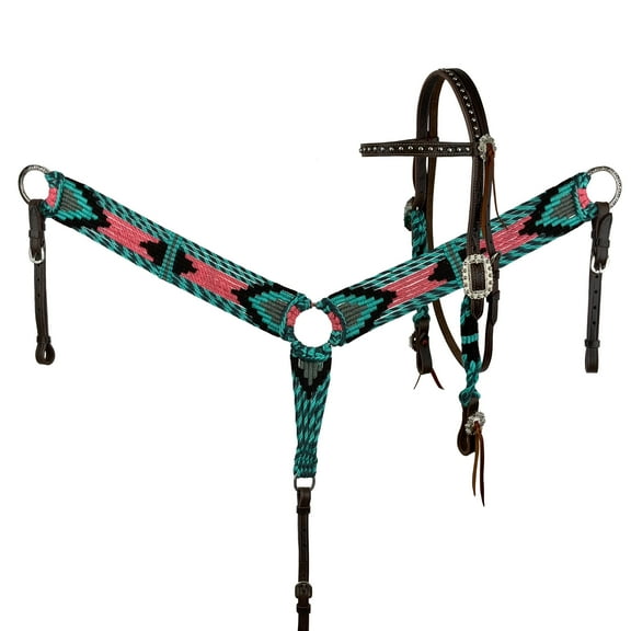 Showman Teal, Pink & Black Corded Mohair Browband Headstall & Breast Collar Set