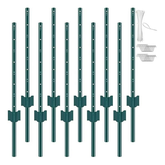3 Feet Fence Post, 10 Pack U-Channel Heavy Duty Metal Fence Posts with 20 Zip Ties & 20 Clips, Sturdy Steel Fence Stakes for Garden Yard, Lawn, Farms and Outdoor Wire Fencing, Green