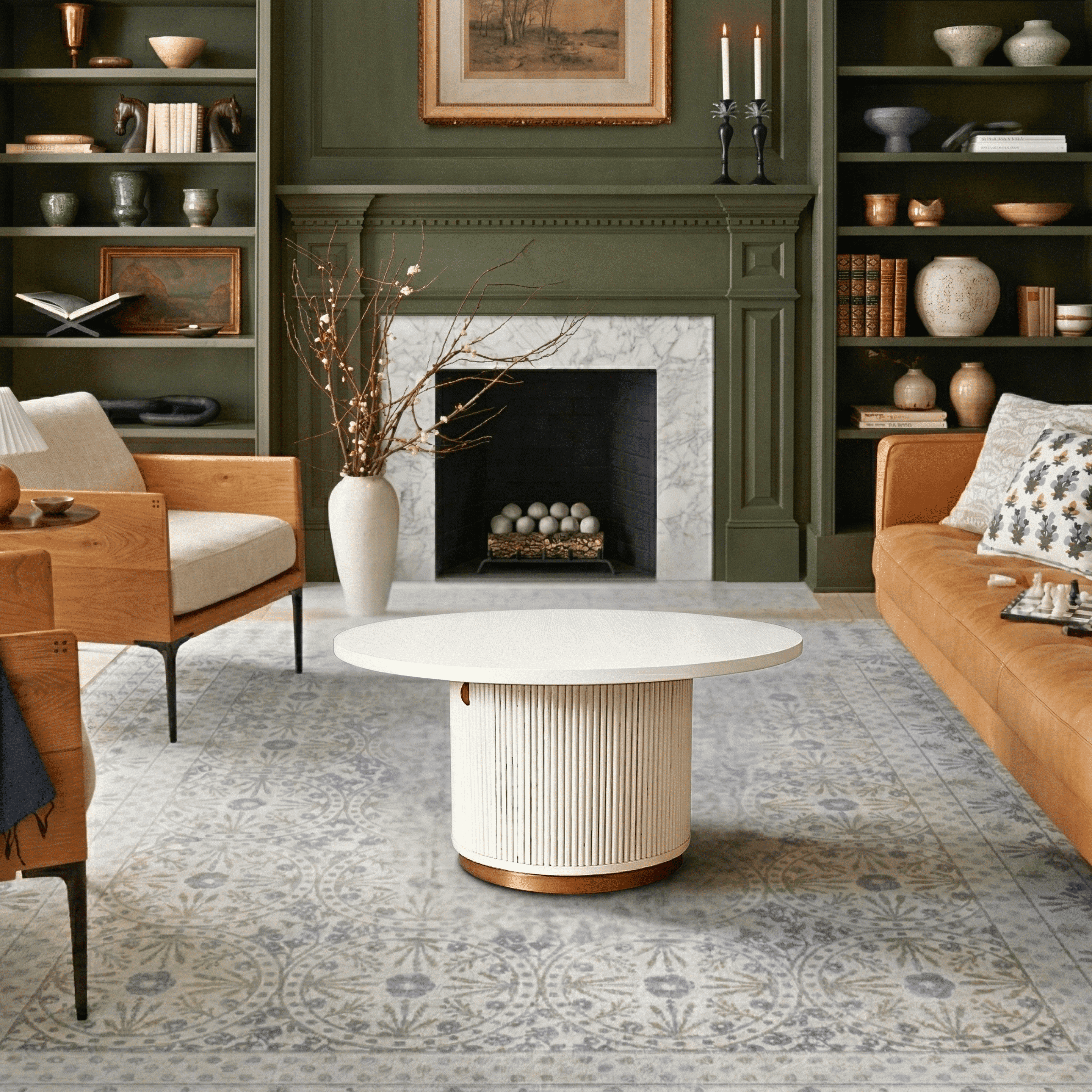 Better Wood & Home Fluted Round Solid Wood Coffee Table with Storage, Creamy White