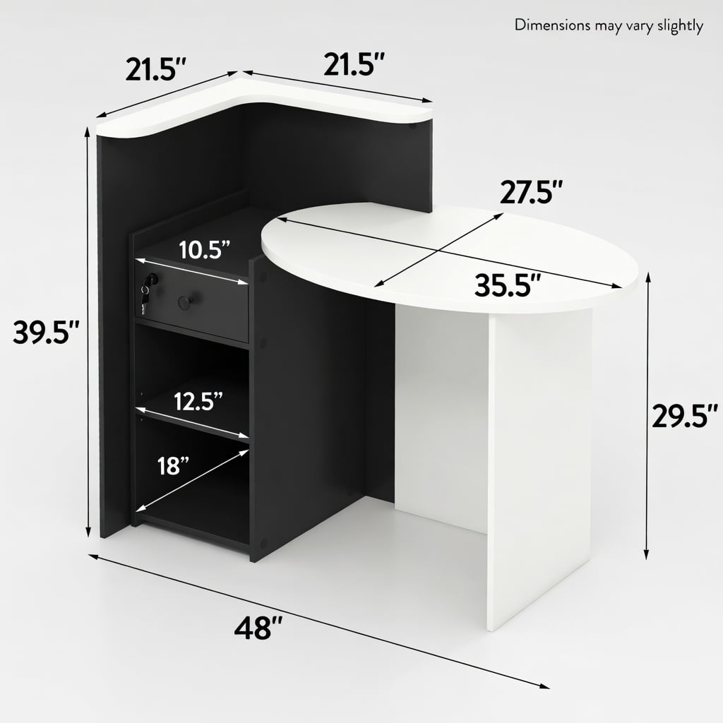 Demi Bonn Front Reception Office Desk with Open Shelf and Lockable Drawer, Small Home Computer Desk Study Writing Table, White + Black