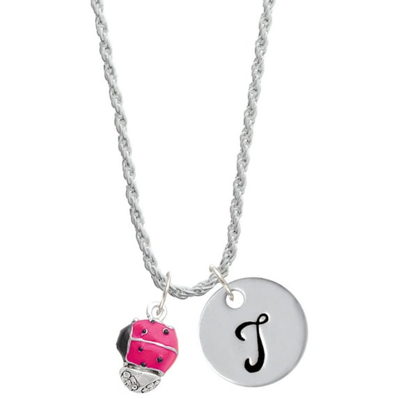 Delight Jewelry Silvertone Hot Pink Ladybug Spinner Silvertone Script Initial Disc - T - Charm Necklace, 20"+3"