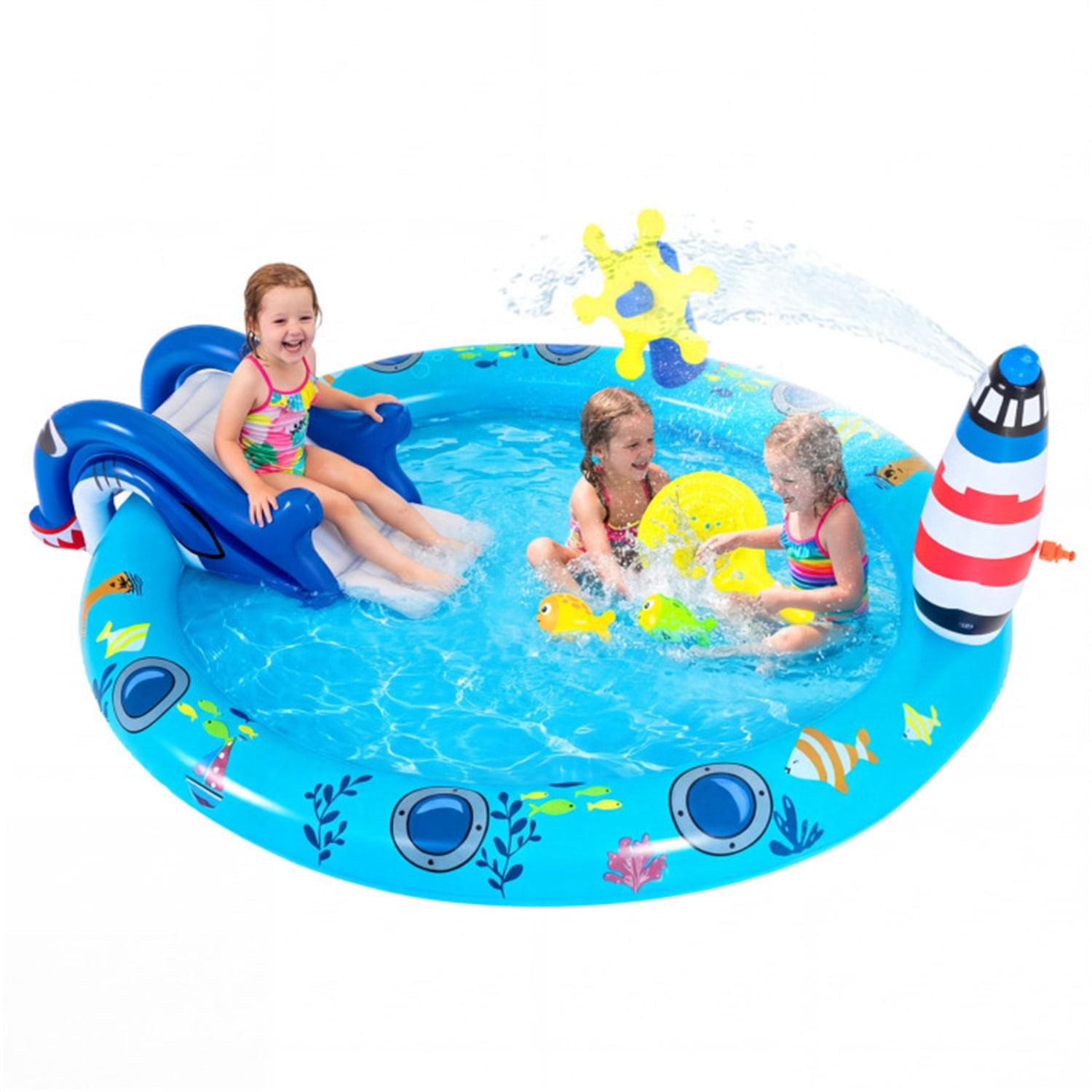 74 " Inflatable Marine Spray Pool with Shark Slide & Lighthouse Sprinkler, Kids Water Play Center for Backyard